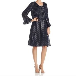 Tory Burch Jasmine Dress Sz: 4 A-line Navy Metallic Gold Ruffles Tassels